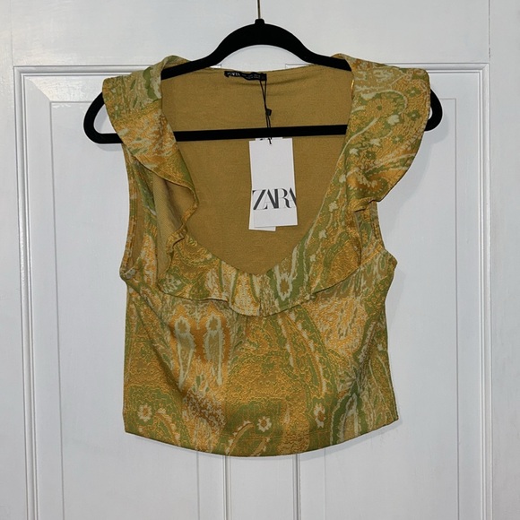 ZARA Rare Yellow Green Paisley Ruffle Crop Top Size L NWT Sleeveless Boho Chic - Picture 6 of 9